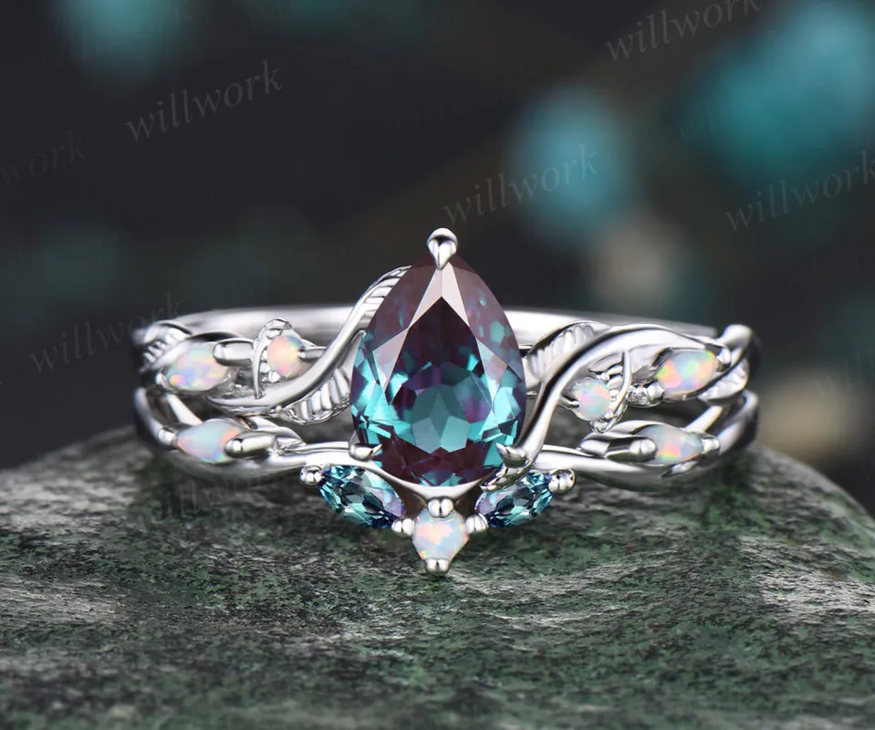 Vintage June Birthstone Pear Cut Alexandrite Engagement Ring Set Five Stone Opal Wedding Band Nature Inspired 2pcs Bridal Ring Set Vine Twig Branch Leaf Promise Ring Set made by Willwork Jewelry