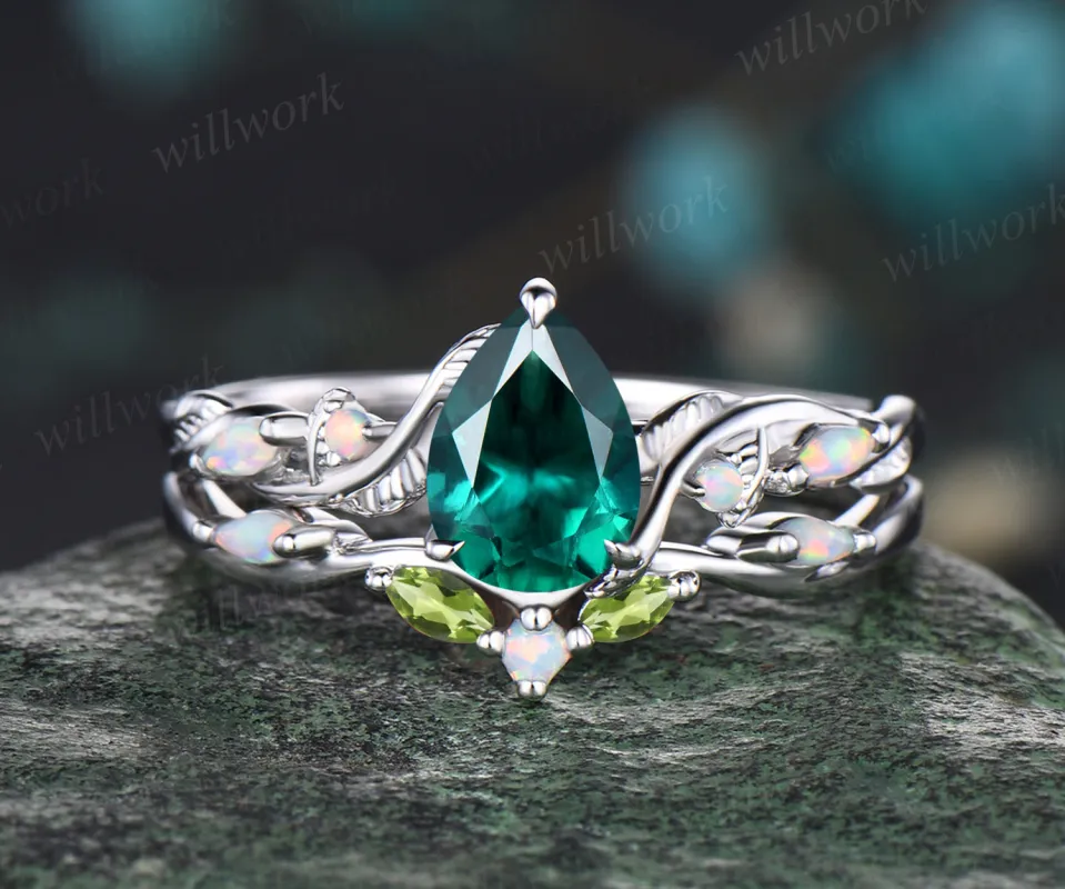 Unique May Birthstone Pear Cut Emerald Engagement Ring Set Leaf Vine Twig Branch Nature Inspired Ring Natural Peridot Opal Wedding Band Art Deco 2pcs Bridal Ring Set Green Gemstone Ring Women sold by Willwork Jewelry
