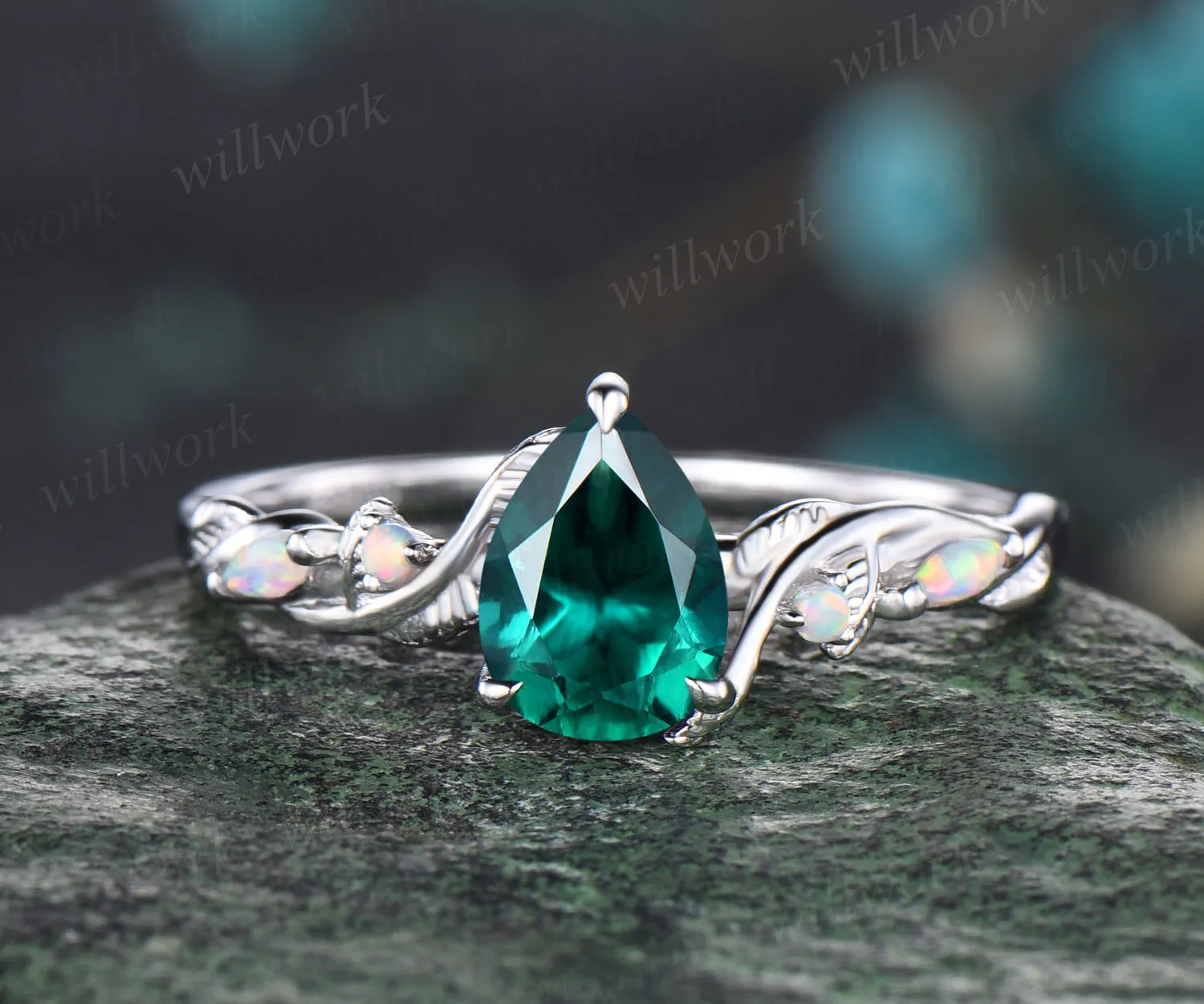 Unique May Birthstone Pear Cut Emerald Engagement Ring Set Leaf Vine Twig Branch Nature Inspired Ring Natural Peridot Opal Wedding Band Art Deco 2pcs Bridal Ring Set Green Gemstone Ring Women sold by Willwork Jewelry product image thumbnail 3