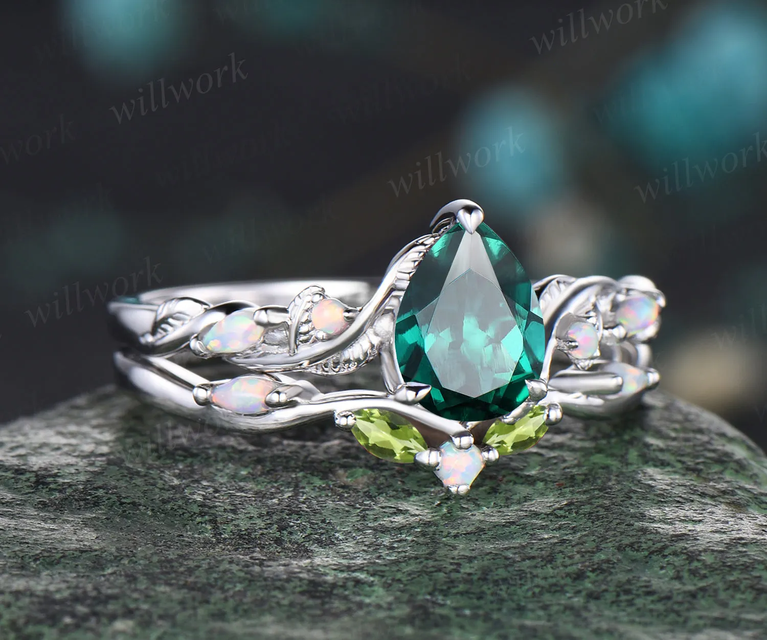 Unique May Birthstone Pear Cut Emerald Engagement Ring Set Leaf Vine Twig Branch Nature Inspired Ring Natural Peridot Opal Wedding Band Art Deco 2pcs Bridal Ring Set Green Gemstone Ring Women sold by Willwork Jewelry product image thumbnail 4