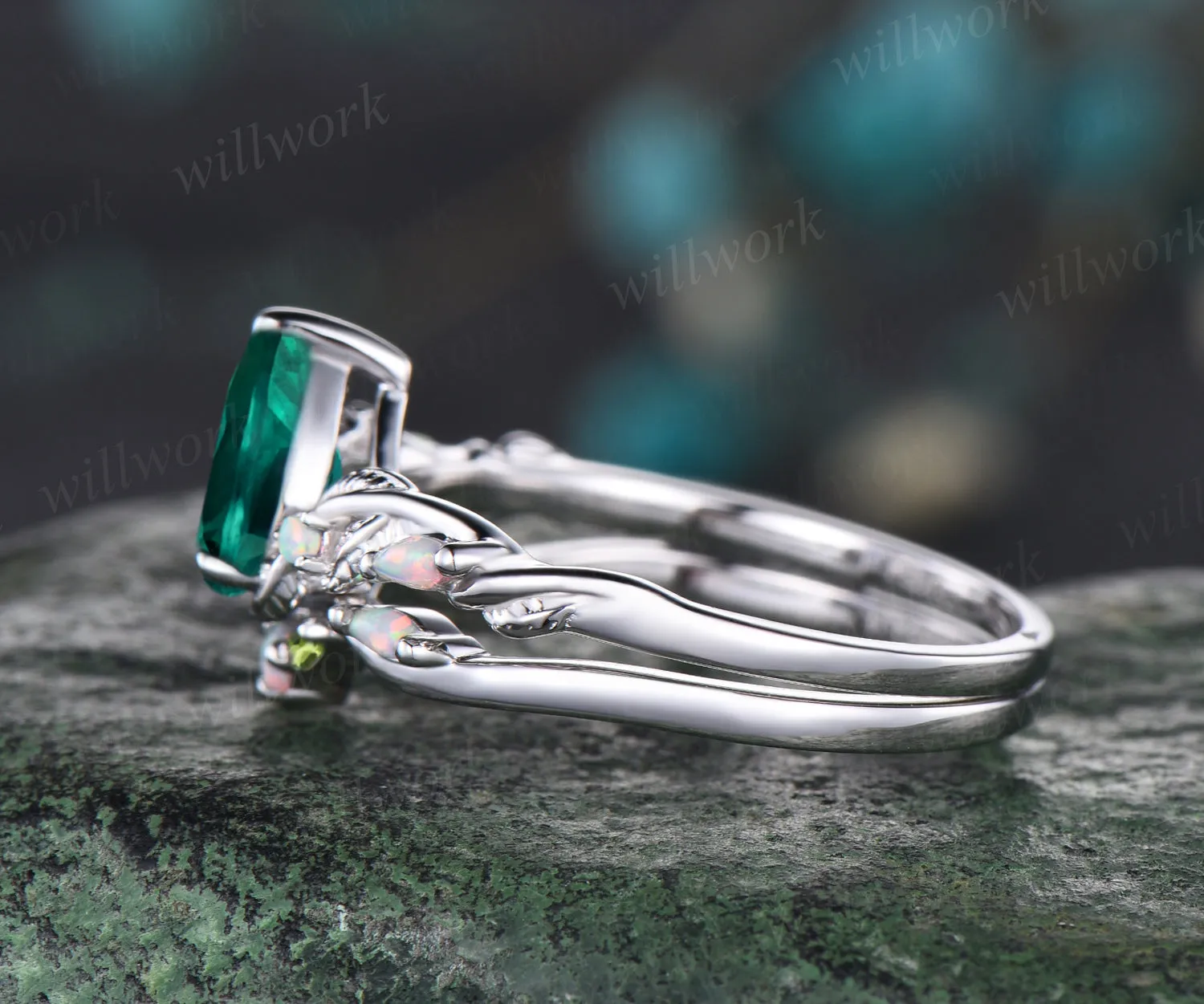 Unique May Birthstone Pear Cut Emerald Engagement Ring Set Leaf Vine Twig Branch Nature Inspired Ring Natural Peridot Opal Wedding Band Art Deco 2pcs Bridal Ring Set Green Gemstone Ring Women sold by Willwork Jewelry product image thumbnail 5