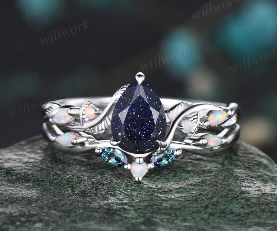 Pear Cut Galaxy Blue Sandstone Engagement Ring Unique Opal Alexandrite Five Stone Wedding Band Art Deco Leaf Vine Twig Branch Nature Inspired 2pcs Bridal Anniversary Ring Set Healing Jewelry sold by Willwork Jewelry