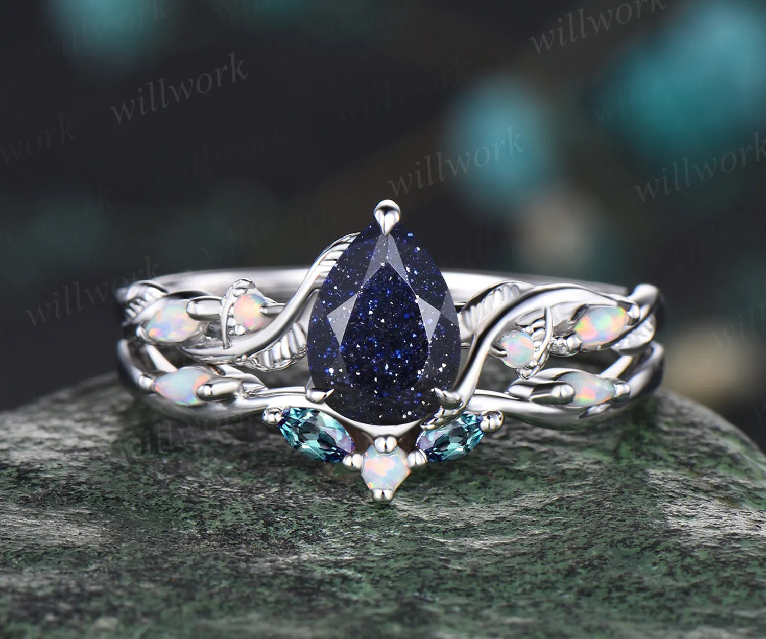 Pear Cut Galaxy Blue Sandstone Engagement Ring Unique Opal Alexandrite Five Stone Wedding Band Art Deco Leaf Vine Twig Branch Nature Inspired 2pcs Bridal Anniversary Ring Set Healing Jewelry sold by Willwork Jewelry