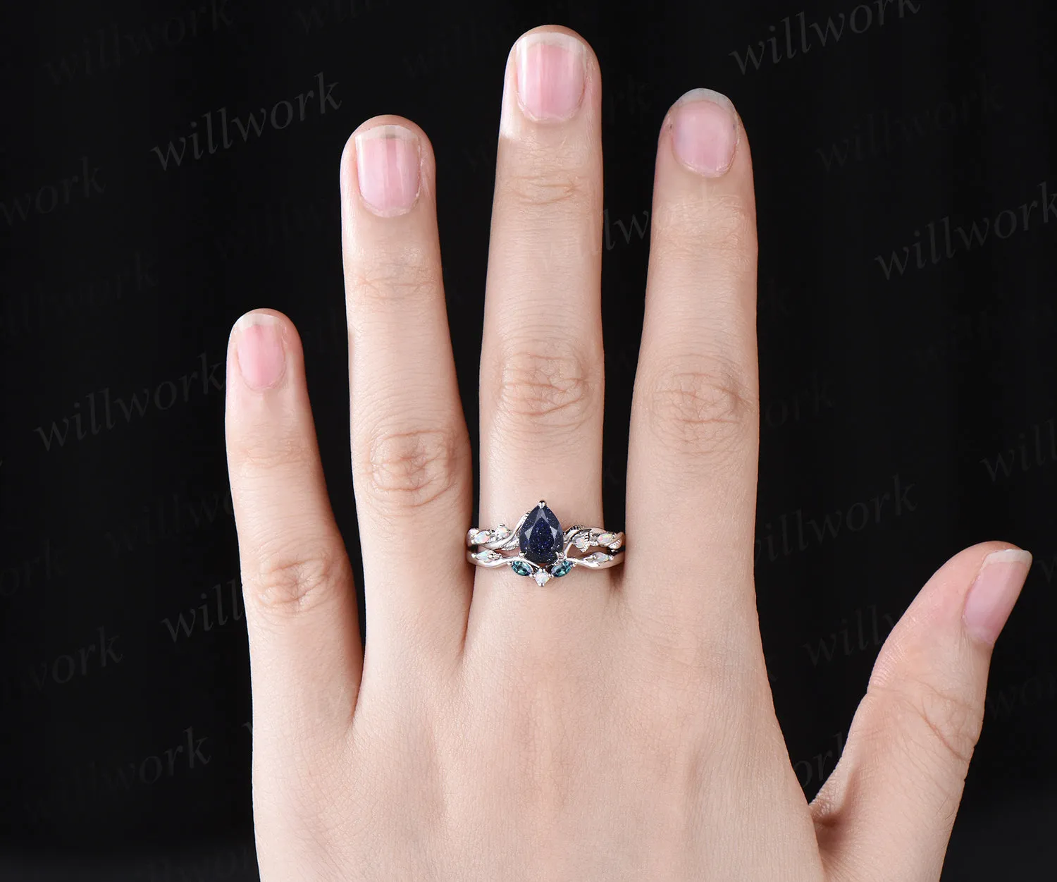 Pear Cut Galaxy Blue Sandstone Engagement Ring Unique Opal Alexandrite Five Stone Wedding Band Art Deco Leaf Vine Twig Branch Nature Inspired 2pcs Bridal Anniversary Ring Set Healing Jewelry sold by Willwork Jewelry product image thumbnail 2