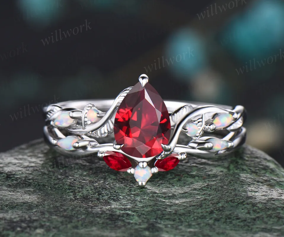 Teardrop Ruby Engagement Ring Set Unique Leaf Floral Vine Twig Branch Five Stone Opal Wedding Ring 14k White Gold July Birthstone Pear Ruby Nature Inspired 2pcs Bridal Ring Set sold by Willwork Jewelry