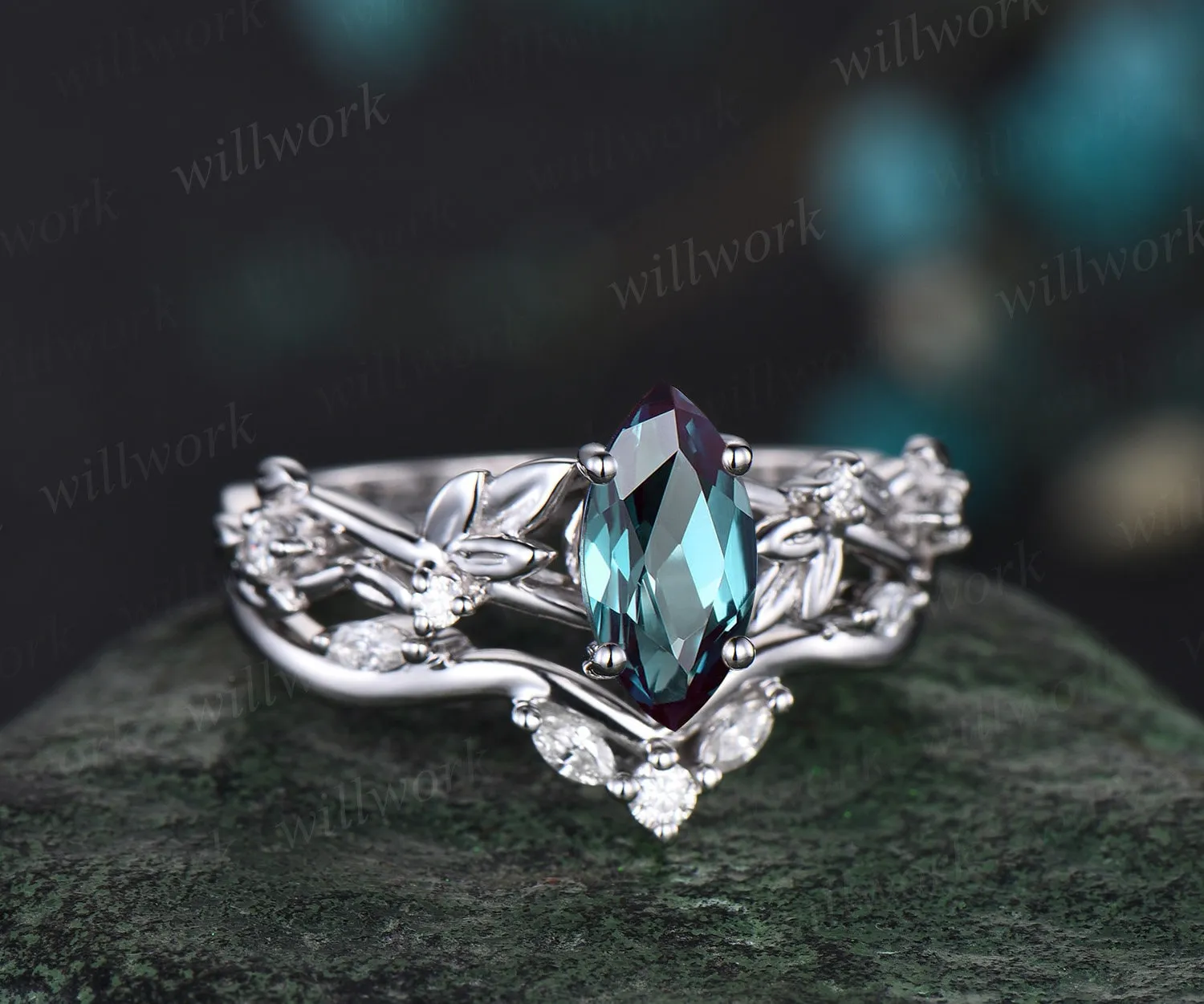 Vintage marquise cut alexandrite engagement ring women twig leaf Nature inspired white gold ring branch diamond bridal ring set gift sold by Willwork Jewelry