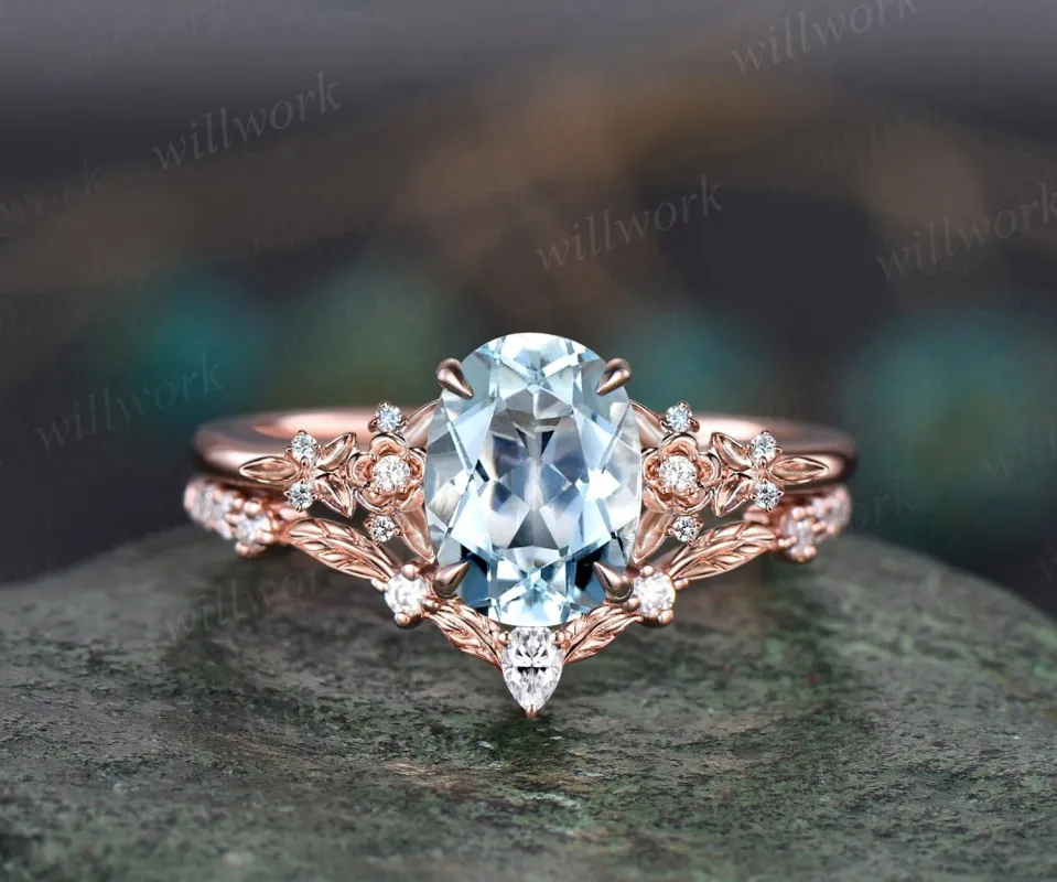Oval cut aquamarine ring vintage rose gold leaf floral nature inspired engagement ring women art deco cluster diamond bridal ring set gift sold by Willwork Jewelry