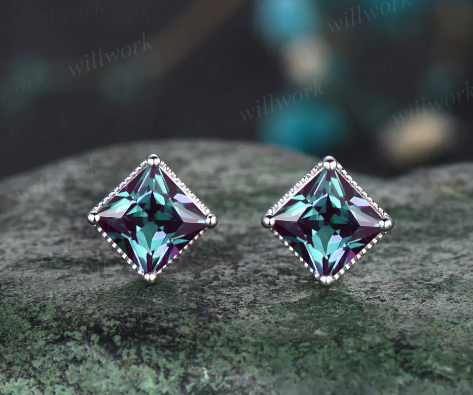 Vintage Princess Cut Alexandrite Earrings Milgrain June Birthstone Square Color Change Stone Alexandrite Stud Earrings Minimalist Alexandrite Solitaire Earrings Birthday Gift sold by Willwork Jewelry