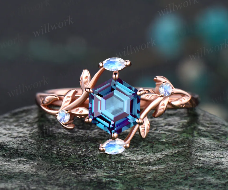 Unique Leaf Floral Vine Twig Branch Nature Inspired Ring Hexagon Cut June Birthstone Alexandrite Engagement Ring Natural Moonstone Five Stone Bridal Ring sold by Willwork Jewelry