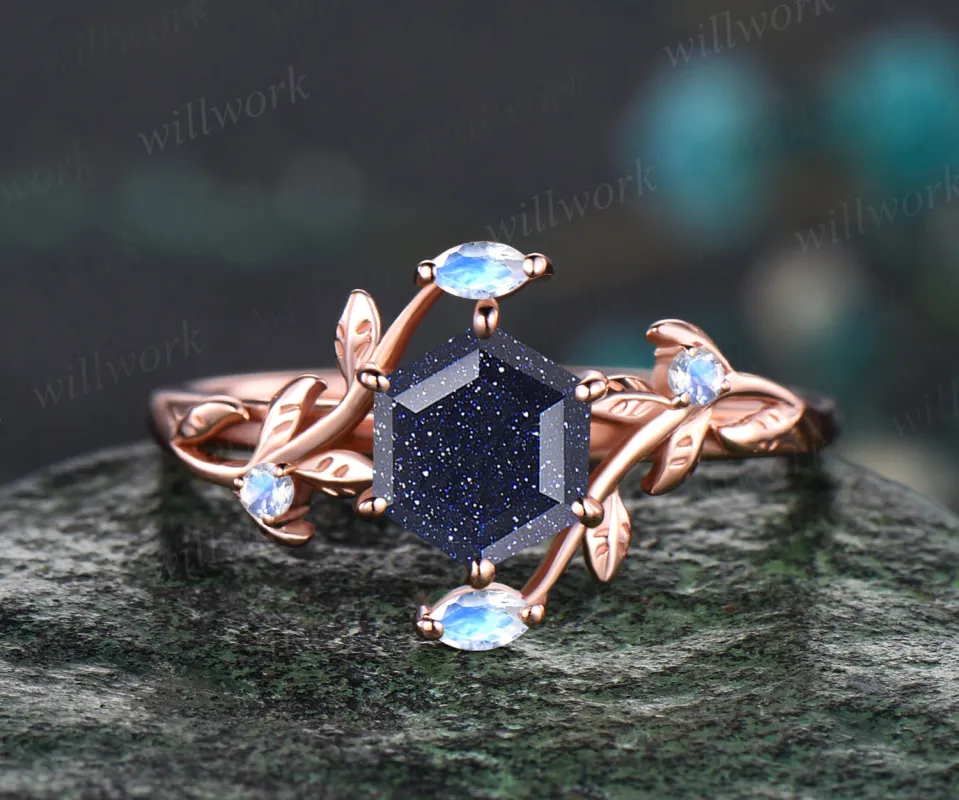Hexagon Cut Galaxy Blue Sandstone Engagement Ring Unique Leaf Vine Twig Branch Nature Inspired Natural Moonstone Ring 14k Rose Gold Healing Ring sold by Willwork Jewelry