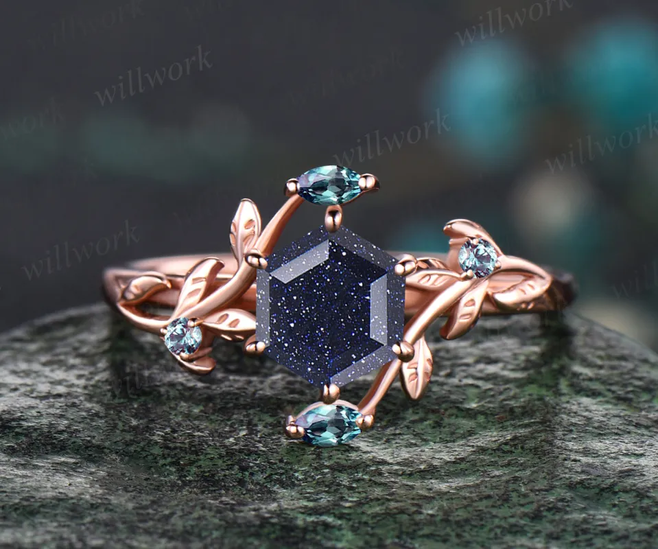 Hexagon Cut Galaxy Blue Sandstone Engagement Wedding Ring Alexandrite Leaf Vine Twig Branch Nature Inspired Ring Five Stone Healing Jewelry sold by Willwork Jewelry