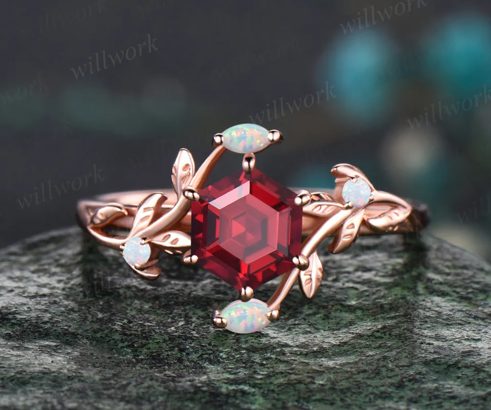 Unique Hexagon Cut July Birthstone Ruby Engagement Ring Leaf Vine Twig Branch Nature Inspired Wedding Ring Five Stone White Opal Floral Promise Ring sold by Willwork Jewelry