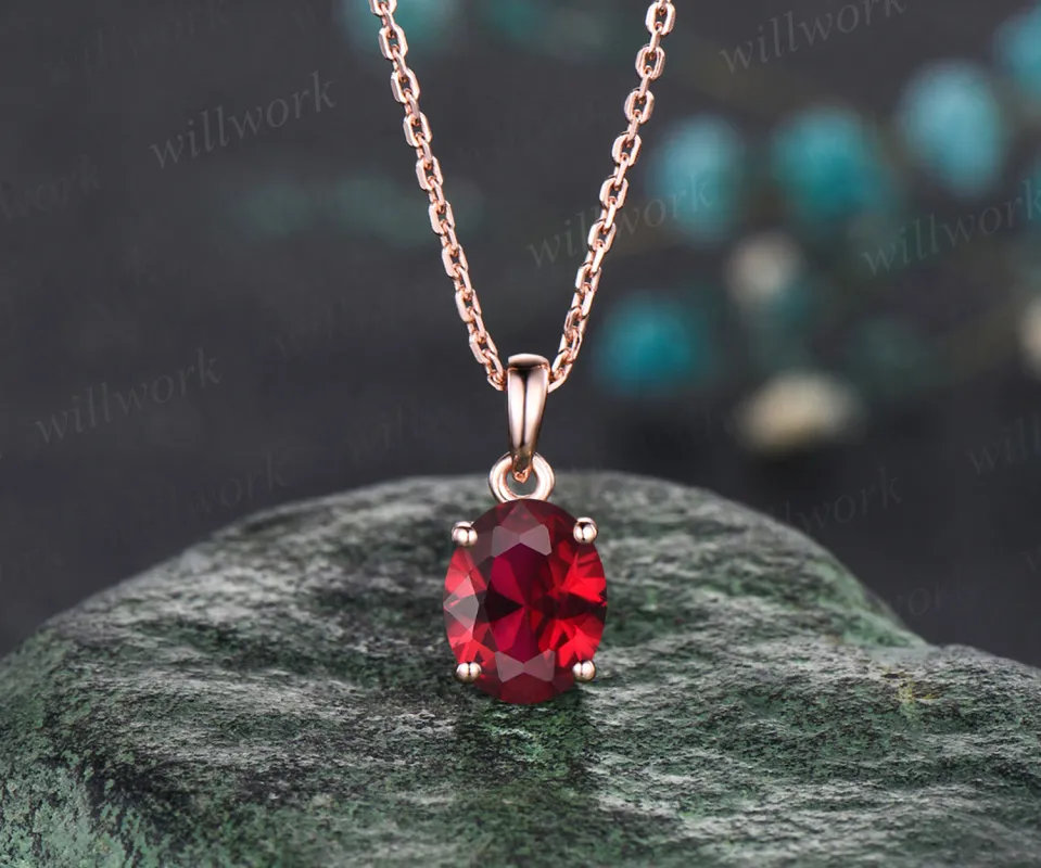 Art Deco Oval Cut Ruby Solitaire Necklace Unique 14k Rose Gold July Birthstone Red Gemstone Ruby Pendant Minimalist Necklace Birthday Gift For Mother sold by Willwork Jewelry