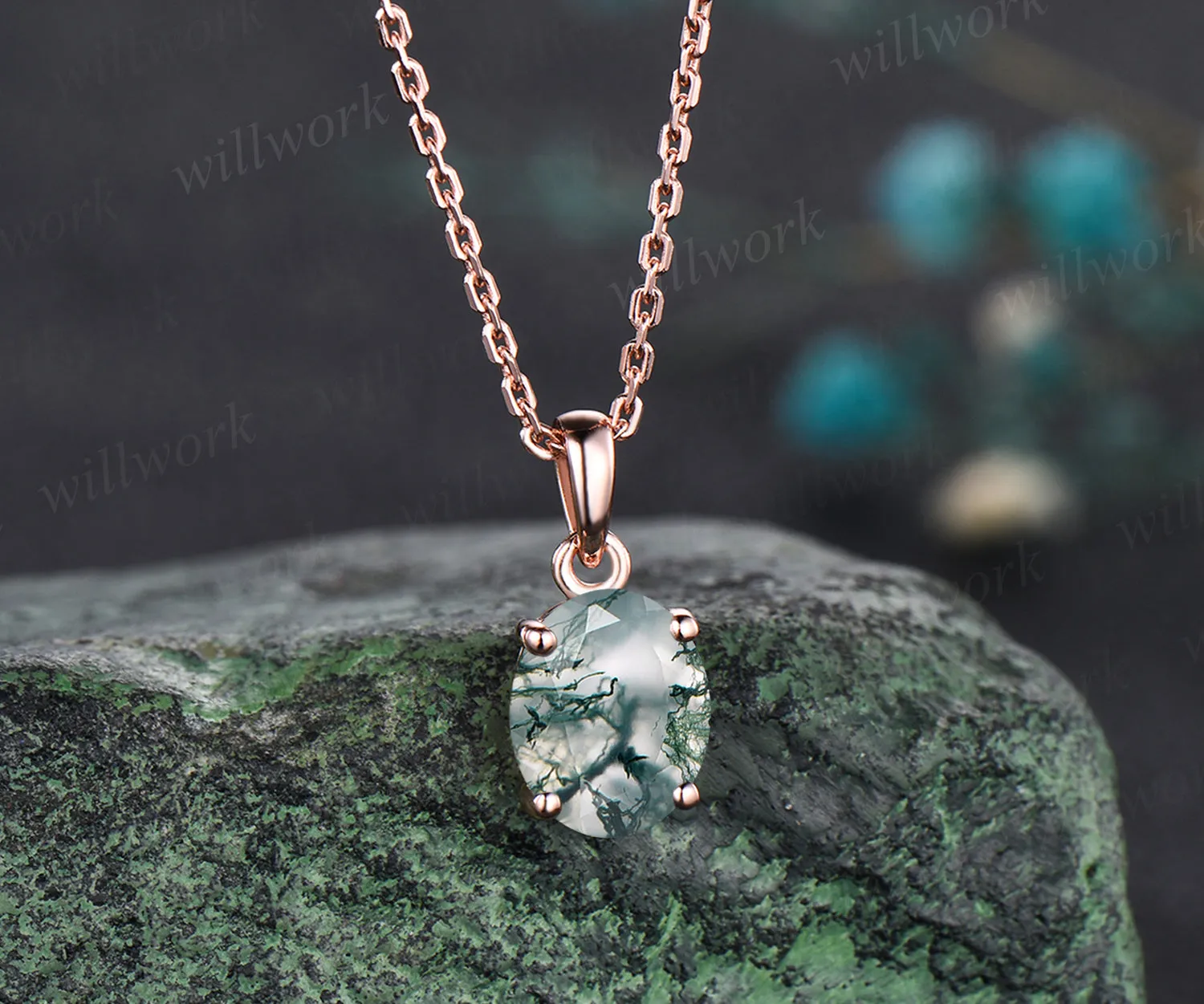 2ct 7x9mm Oval Cut Natural Green Moss Agate Necklace 14k Rose Gold Green Agate Solitaire Pendant Minimalist Aquatic Agate Birthday Promise Necklace Gift sold by Willwork Jewelry product image thumbnail 4