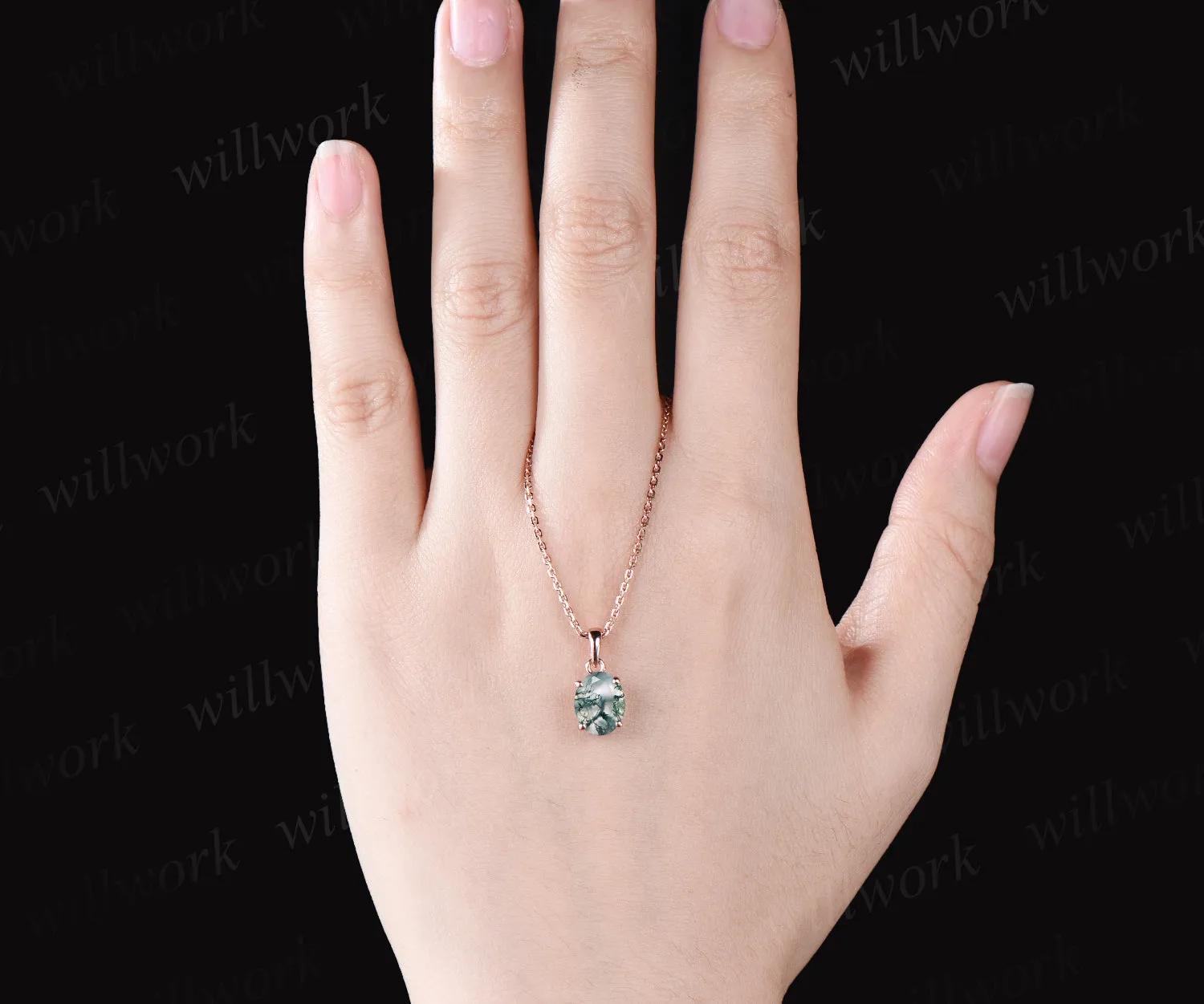 2ct 7x9mm Oval Cut Natural Green Moss Agate Necklace 14k Rose Gold Green Agate Solitaire Pendant Minimalist Aquatic Agate Birthday Promise Necklace Gift sold by Willwork Jewelry product image thumbnail 3