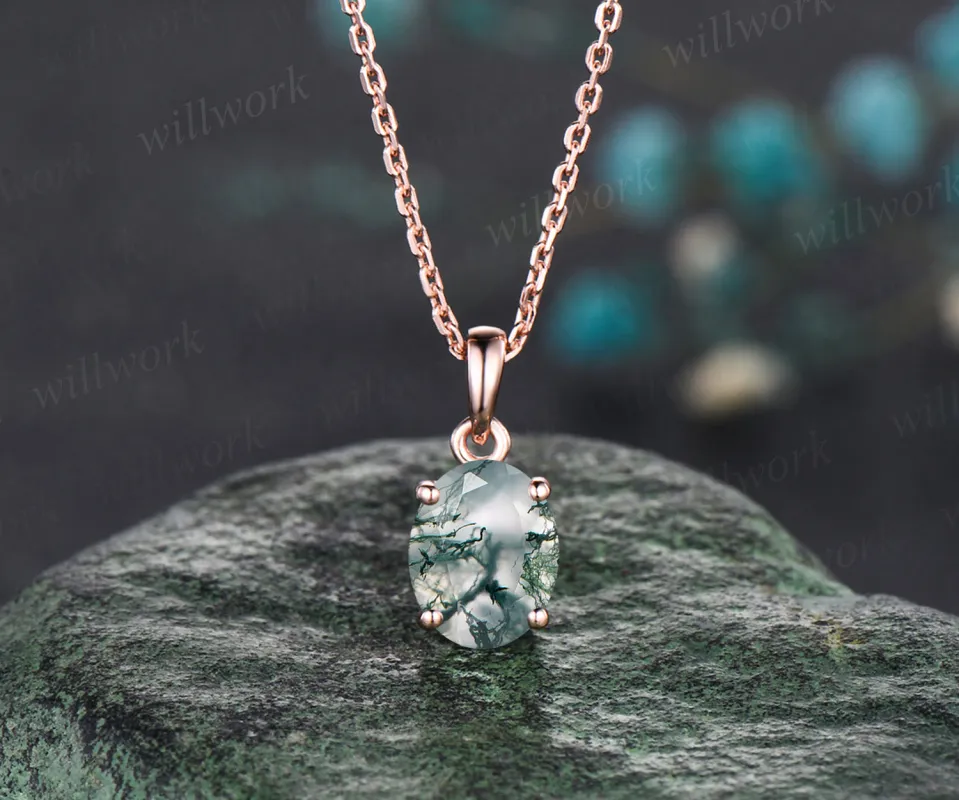 2ct 7x9mm Oval Cut Natural Green Moss Agate Necklace 14k Rose Gold Green Agate Solitaire Pendant Minimalist Aquatic Agate Birthday Promise Necklace Gift sold by Willwork Jewelry