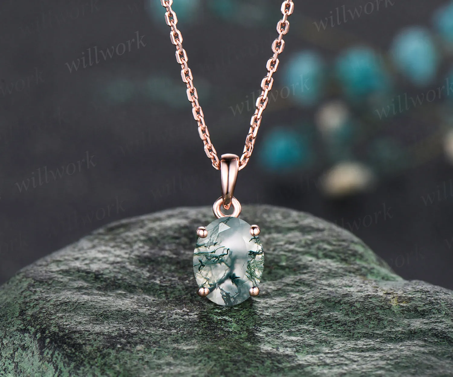 2ct 7x9mm Oval Cut Natural Green Moss Agate Necklace 14k Rose Gold Green Agate Solitaire Pendant Minimalist Aquatic Agate Birthday Promise Necklace Gift sold by Willwork Jewelry