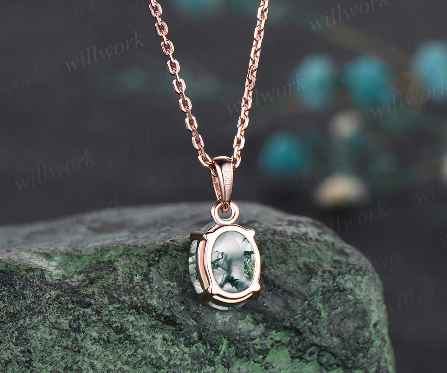 2ct 7x9mm Oval Cut Natural Green Moss Agate Necklace 14k Rose Gold Green Agate Solitaire Pendant Minimalist Aquatic Agate Birthday Promise Necklace Gift sold by Willwork Jewelry product image thumbnail 5
