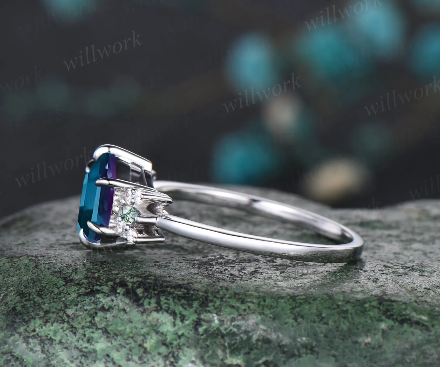Hexagon Cut June Birthstone Alexandrite Engagement Wedding Ring Unique Moissanite Natural Moss Agate Ring Art Deco Cluster Ring Anniversary Jewelry sold by Willwork Jewelry product image thumbnail 4