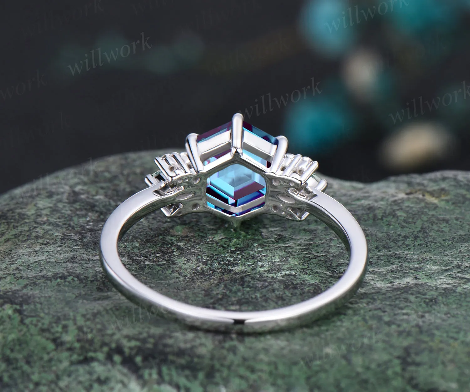 Hexagon Cut June Birthstone Alexandrite Engagement Wedding Ring Unique Moissanite Natural Moss Agate Ring Art Deco Cluster Ring Anniversary Jewelry sold by Willwork Jewelry product image thumbnail 3