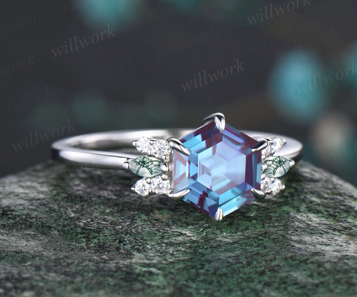 Hexagon Cut June Birthstone Alexandrite Engagement Wedding Ring Unique Moissanite Natural Moss Agate Ring Art Deco Cluster Ring Anniversary Jewelry sold by Willwork Jewelry product image thumbnail 5