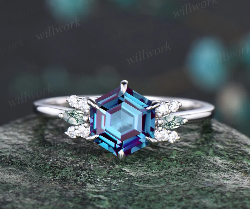 Hexagon Cut June Birthstone Alexandrite Engagement Wedding Ring Unique Moissanite Natural Moss Agate Ring Art Deco Cluster Ring Anniversary Jewelry sold by Willwork Jewelry