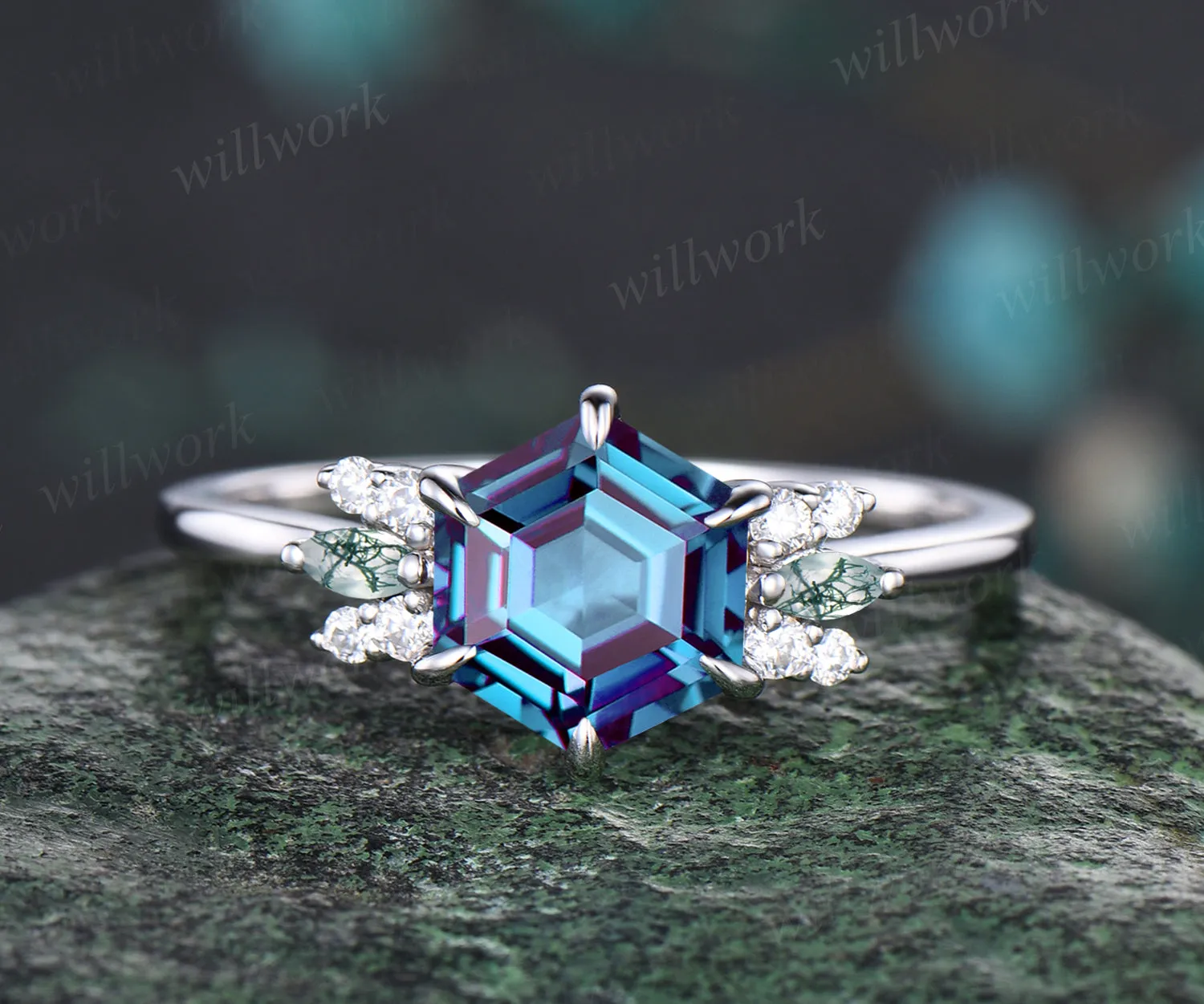 Hexagon Cut June Birthstone Alexandrite Engagement Wedding Ring Unique Moissanite Natural Moss Agate Ring Art Deco Cluster Ring Anniversary Jewelry sold by Willwork Jewelry