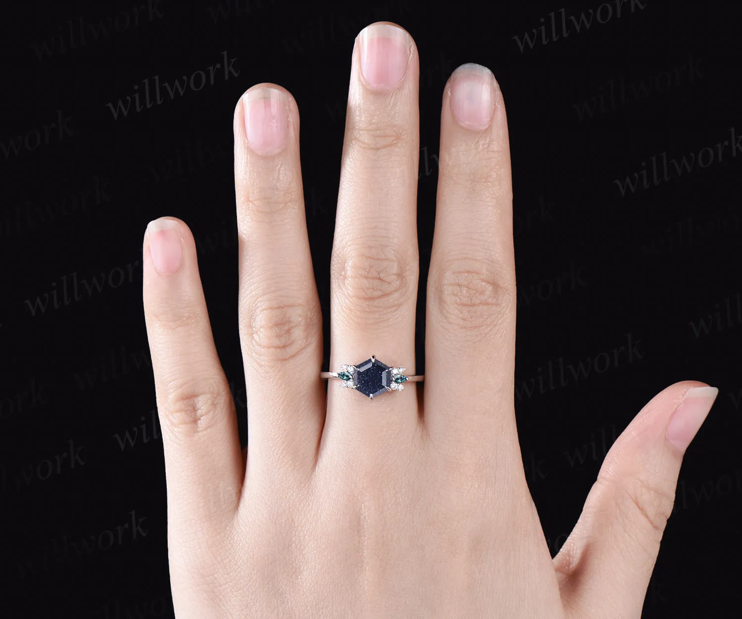 Unique Hexagon Cut Blue Sandstone Engagement Ring Moissanite Alexandrite Cluster Wedding Ring Art Deco White Gold Galaxy Healing Jewelry Ring sold by Willwork Jewelry product image thumbnail 2