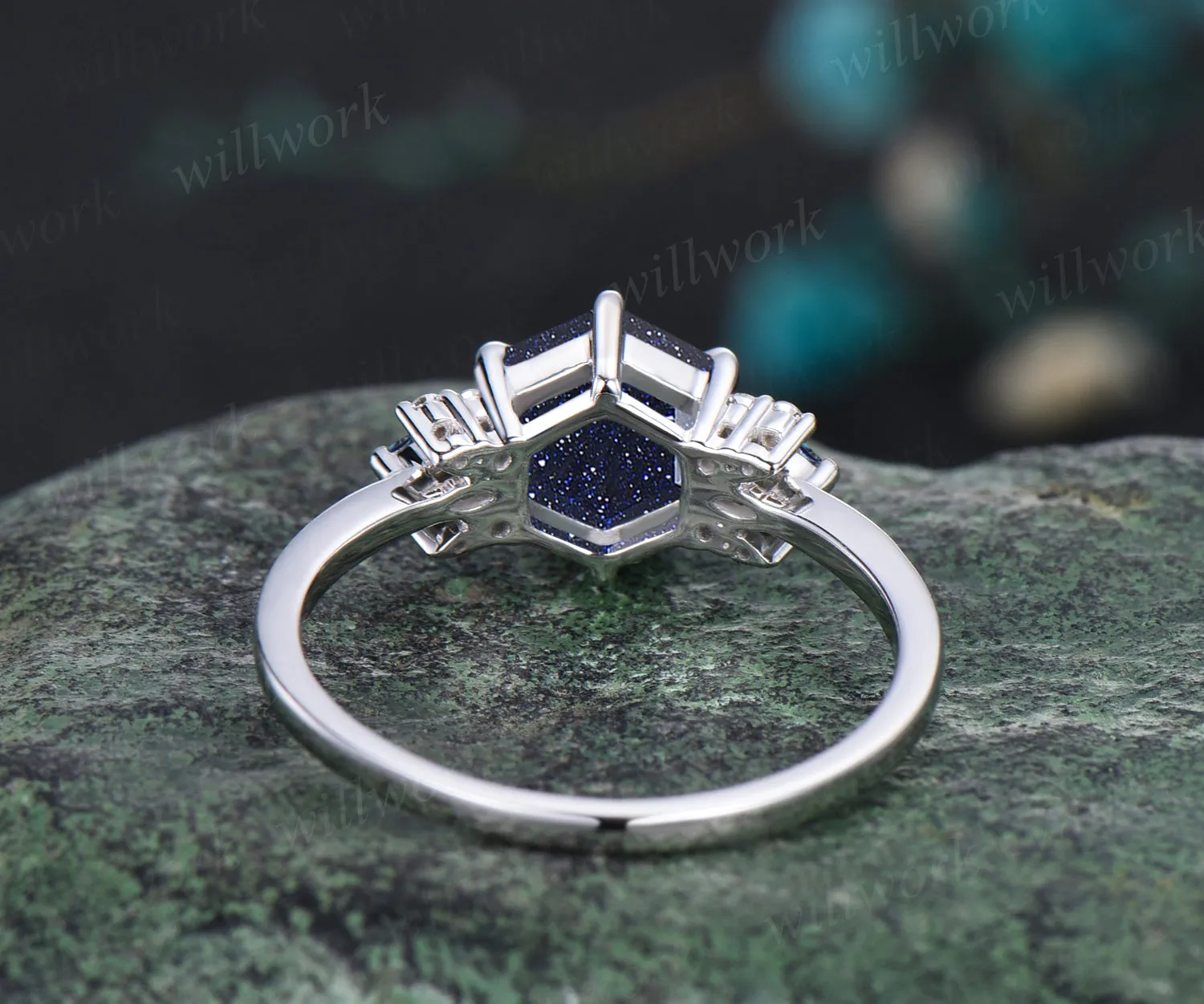 Unique Hexagon Cut Blue Sandstone Engagement Ring Moissanite Alexandrite Cluster Wedding Ring Art Deco White Gold Galaxy Healing Jewelry Ring sold by Willwork Jewelry product image thumbnail 5