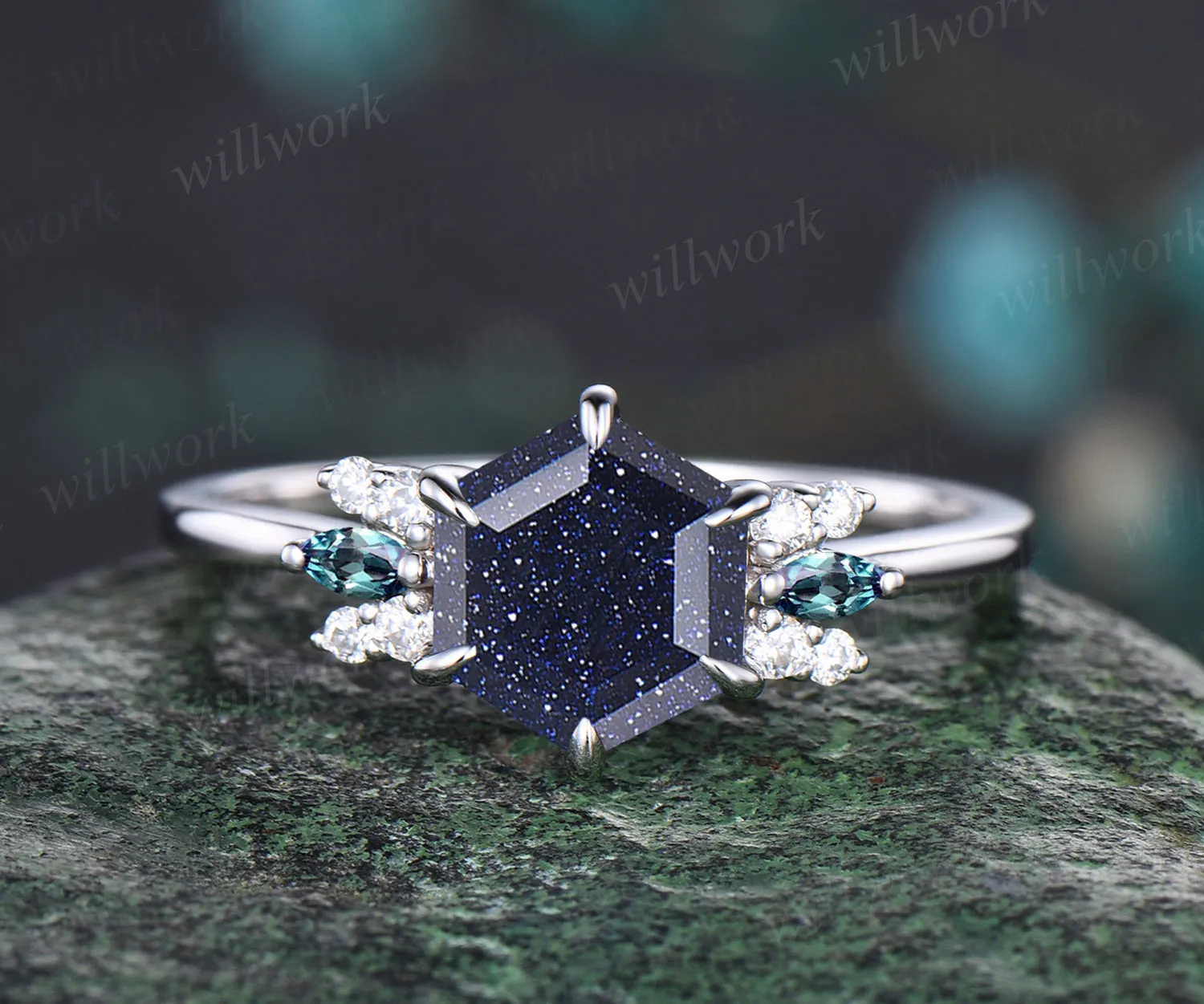 Unique Hexagon Cut Blue Sandstone Engagement Ring Moissanite Alexandrite Cluster Wedding Ring Art Deco White Gold Galaxy Healing Jewelry Ring sold by Willwork Jewelry