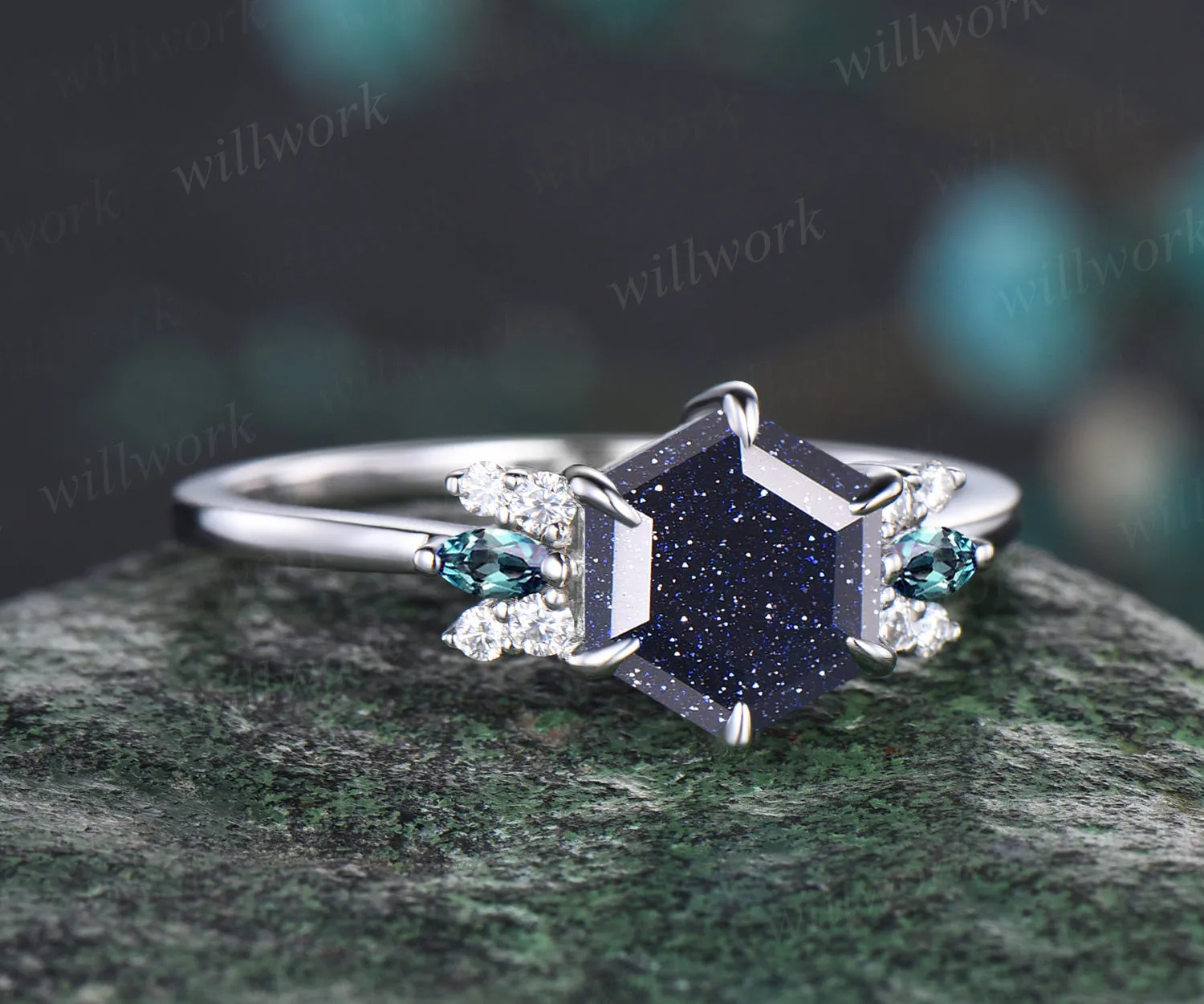 Unique Hexagon Cut Blue Sandstone Engagement Ring Moissanite Alexandrite Cluster Wedding Ring Art Deco White Gold Galaxy Healing Jewelry Ring sold by Willwork Jewelry product image thumbnail 3