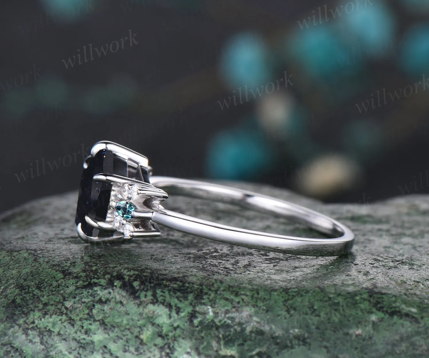 Unique Hexagon Cut Blue Sandstone Engagement Ring Moissanite Alexandrite Cluster Wedding Ring Art Deco White Gold Galaxy Healing Jewelry Ring sold by Willwork Jewelry product image thumbnail 4