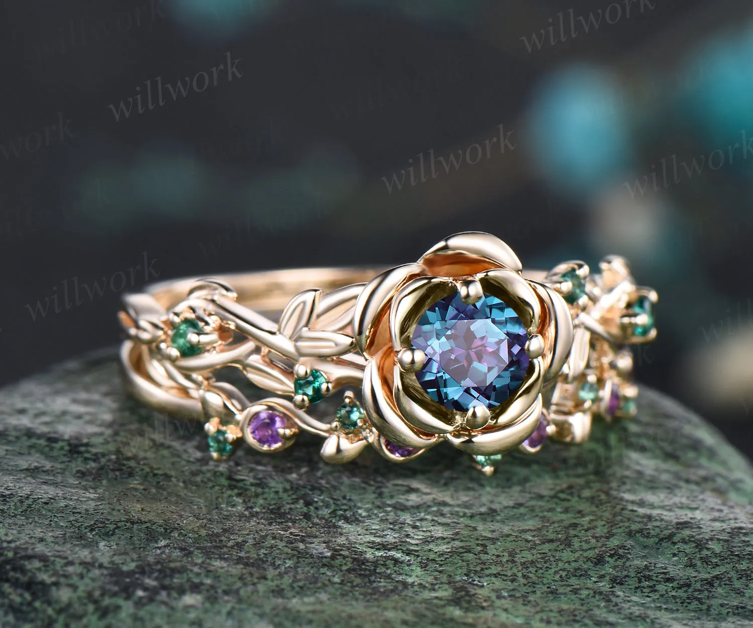 Art Deco June Birthstone Round Alexandrite Engagement Ring Set Emerald Amethyst Leaf Floral Vine Twig Branch Nature Inspired Ring Rose Flower Bridal Ring sold by Willwork Jewelry product image thumbnail 4