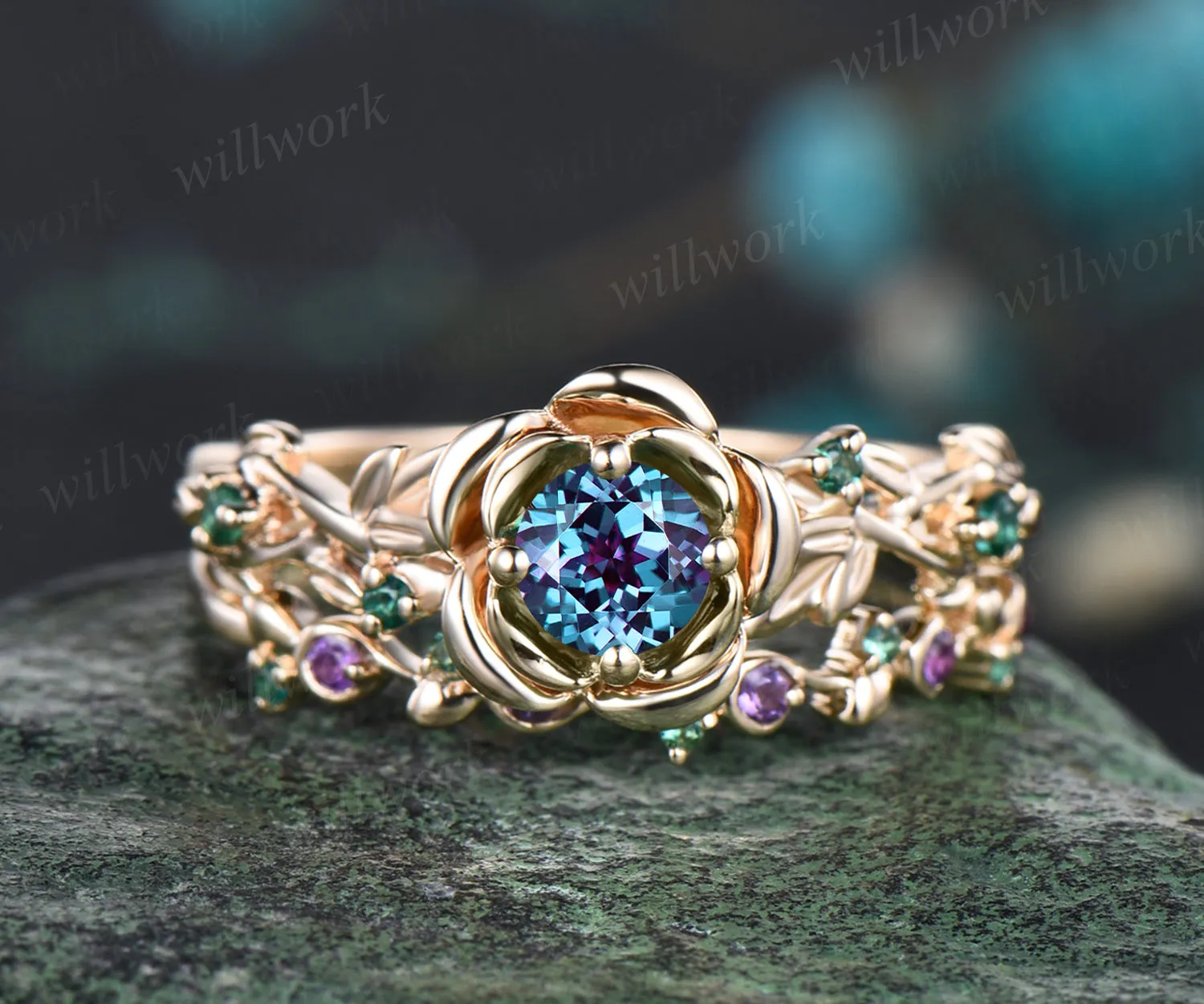 Art Deco June Birthstone Round Alexandrite Engagement Ring Set Emerald Amethyst Leaf Floral Vine Twig Branch Nature Inspired Ring Rose Flower Bridal Ring sold by Willwork Jewelry