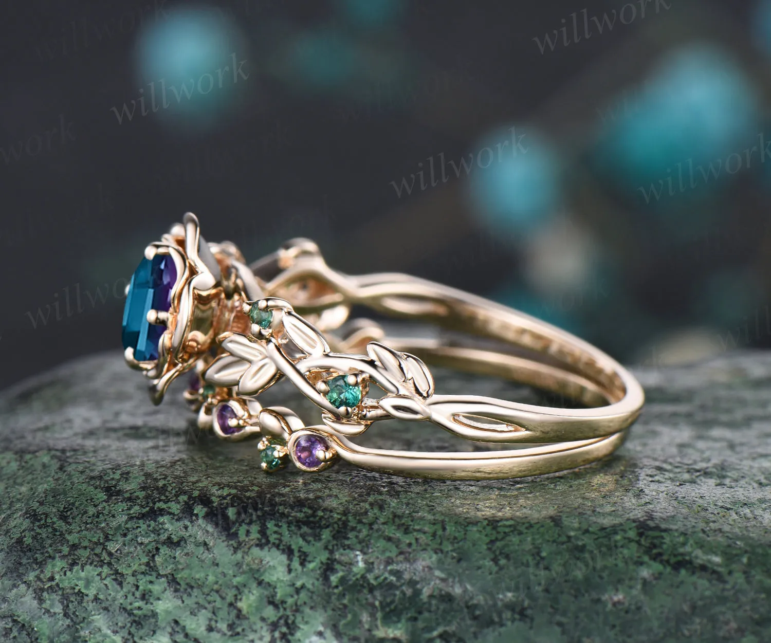 Art Deco June Birthstone Round Alexandrite Engagement Ring Set Emerald Amethyst Leaf Floral Vine Twig Branch Nature Inspired Ring Rose Flower Bridal Ring sold by Willwork Jewelry product image thumbnail 5