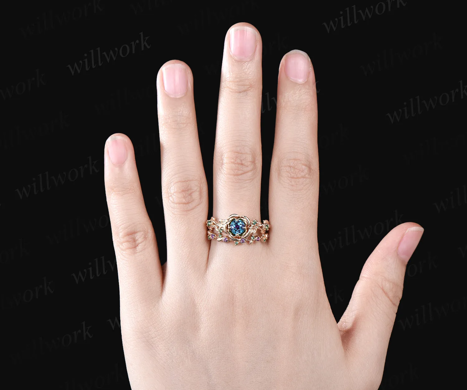 Art Deco June Birthstone Round Alexandrite Engagement Ring Set Emerald Amethyst Leaf Floral Vine Twig Branch Nature Inspired Ring Rose Flower Bridal Ring sold by Willwork Jewelry product image thumbnail 2