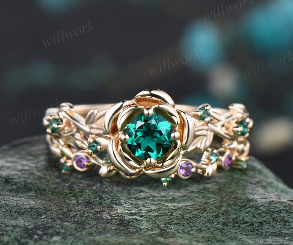 Unique Rose Flower Vine Twig Branch Nature Inspired Ring May Birthstone Emerald Engagement Ring Amethyst Floral Leaf Wedding Band 14k Yellow Gold 2pcs Bridal Ring Set sold by Willwork Jewelry