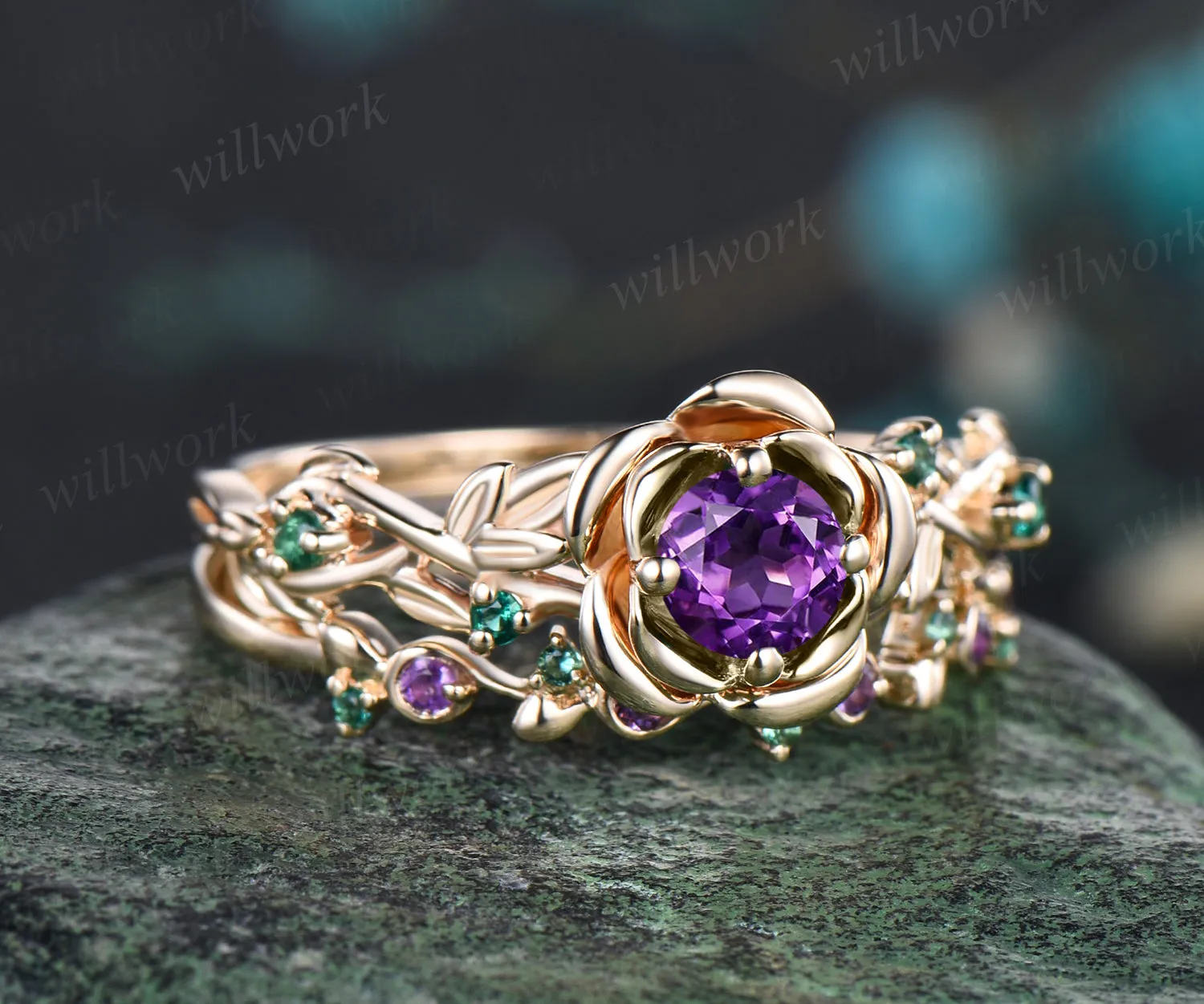 Round Cut February Birthstone Natural Amethyst Engagement Ring Set Unique Emerald Rose Flower Leaf Floral Vine Twig Branch Nature Inspired 2pcs Bridal Wedding Ring Set sold by Willwork Jewelry product image thumbnail 4