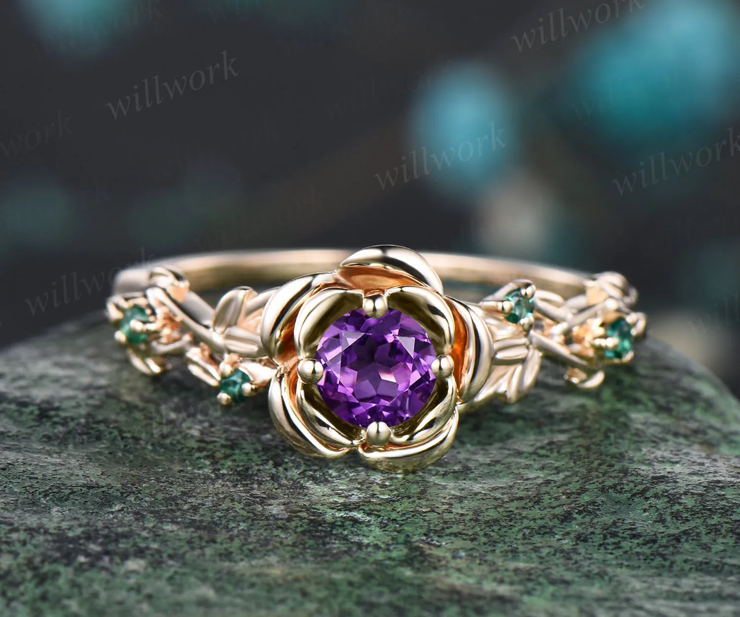 Round Cut February Birthstone Natural Amethyst Engagement Ring Set Unique Emerald Rose Flower Leaf Floral Vine Twig Branch Nature Inspired 2pcs Bridal Wedding Ring Set sold by Willwork Jewelry product image thumbnail 3