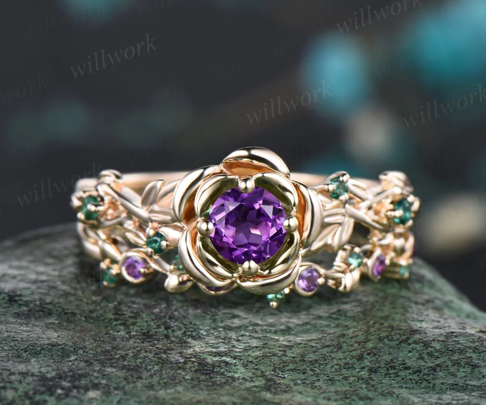 Round Cut February Birthstone Natural Amethyst Engagement Ring Set Unique Emerald Rose Flower Leaf Floral Vine Twig Branch Nature Inspired 2pcs Bridal Wedding Ring Set sold by Willwork Jewelry