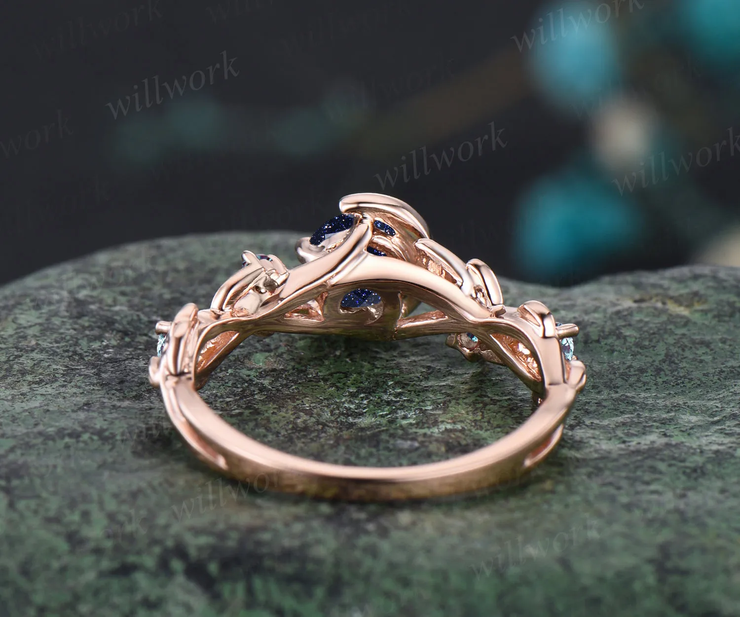 Vintage Galaxy Round Cut Blue Sandstone Engagement Ring Unique Leaf Vine Twig Branch Alexandrite Wedding Ring Moon Star Nature Inspired Bridal Anniversary Ring sold by Willwork Jewelry product image thumbnail 5