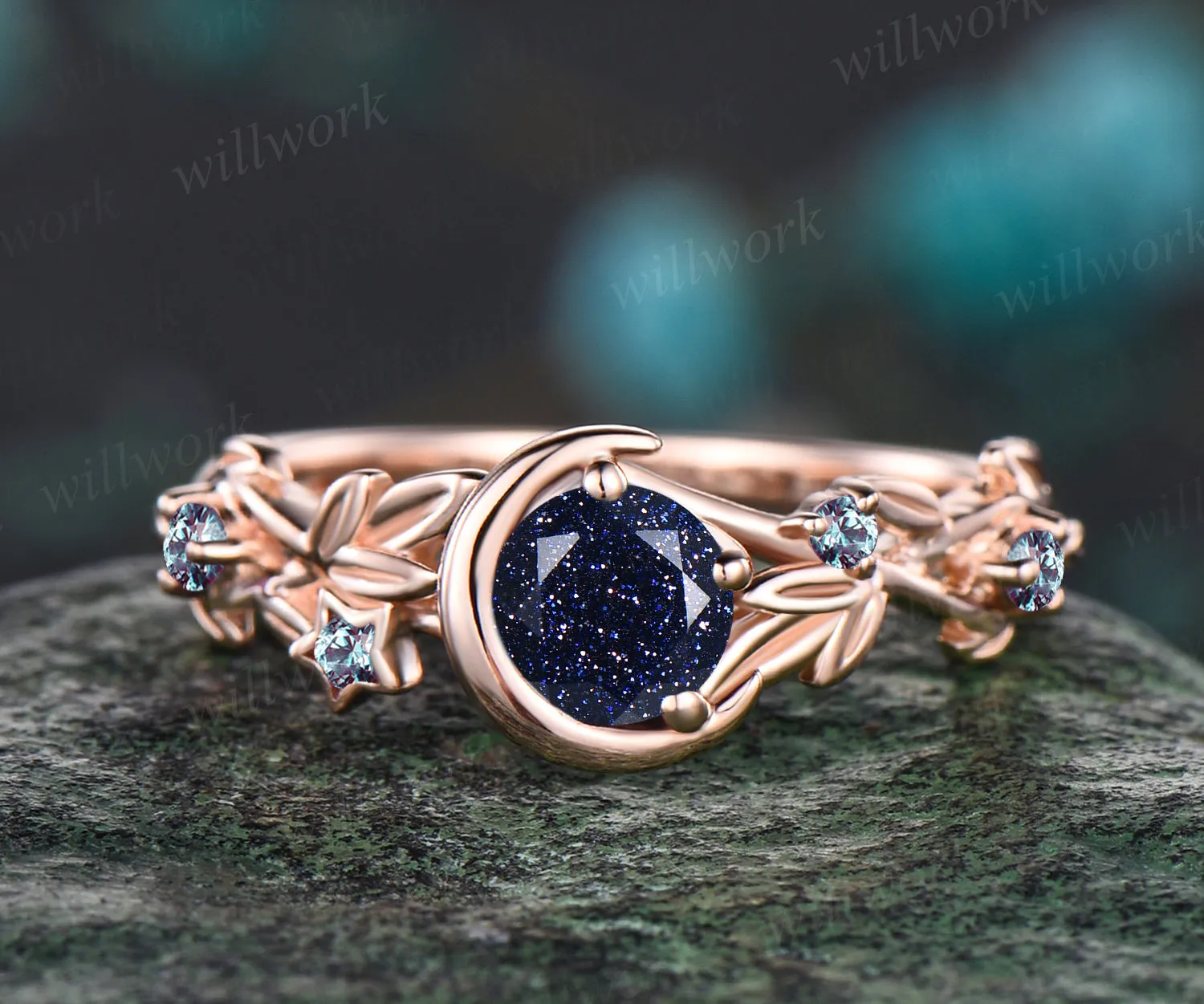 Vintage Galaxy Round Cut Blue Sandstone Engagement Ring Unique Leaf Vine Twig Branch Alexandrite Wedding Ring Moon Star Nature Inspired Bridal Anniversary Ring sold by Willwork Jewelry