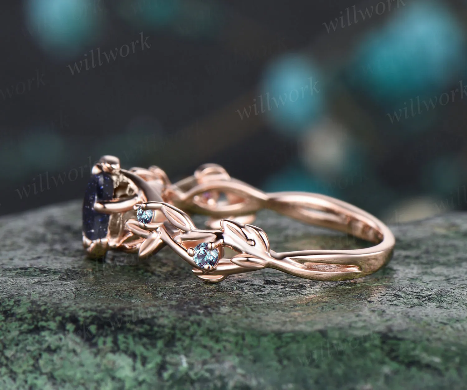 Vintage Galaxy Round Cut Blue Sandstone Engagement Ring Unique Leaf Vine Twig Branch Alexandrite Wedding Ring Moon Star Nature Inspired Bridal Anniversary Ring sold by Willwork Jewelry product image thumbnail 4