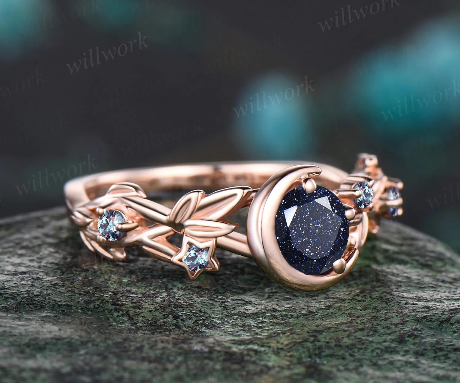 Vintage Galaxy Round Cut Blue Sandstone Engagement Ring Unique Leaf Vine Twig Branch Alexandrite Wedding Ring Moon Star Nature Inspired Bridal Anniversary Ring sold by Willwork Jewelry product image thumbnail 3