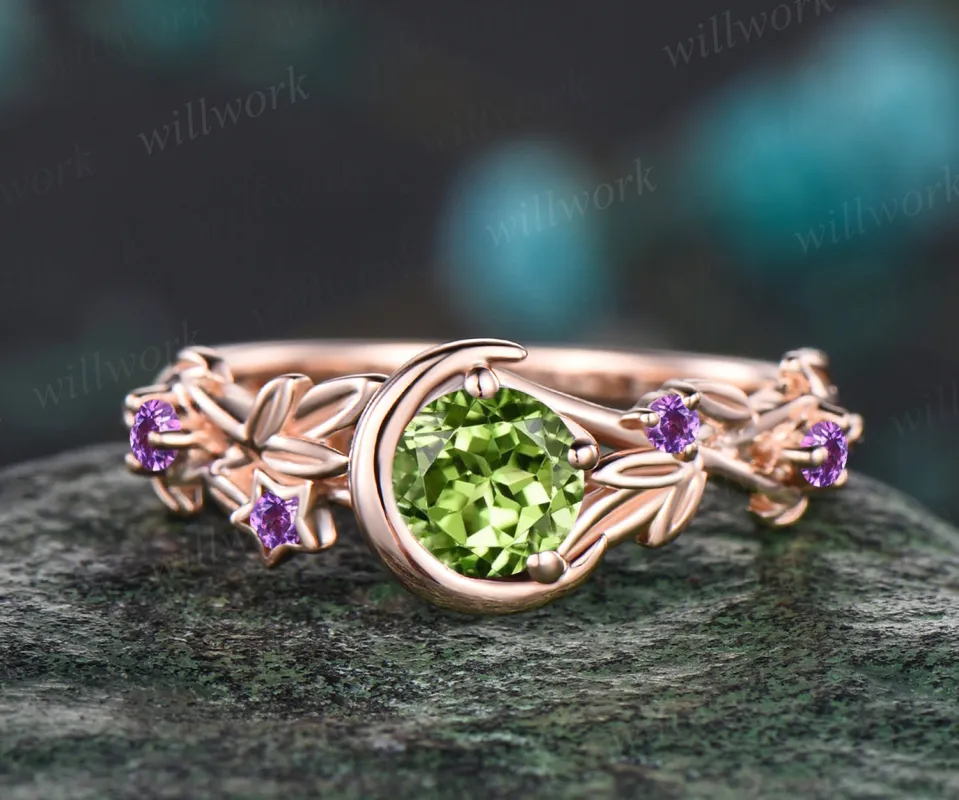 Unique Leaf Vine Twig Branch Nature Inspired Engagement Ring Art Deco Round Cut August Birthstone Natural Peridot Wedding Ring Amethyst Star Moon Bridal Ring sold by Willwork Jewelry