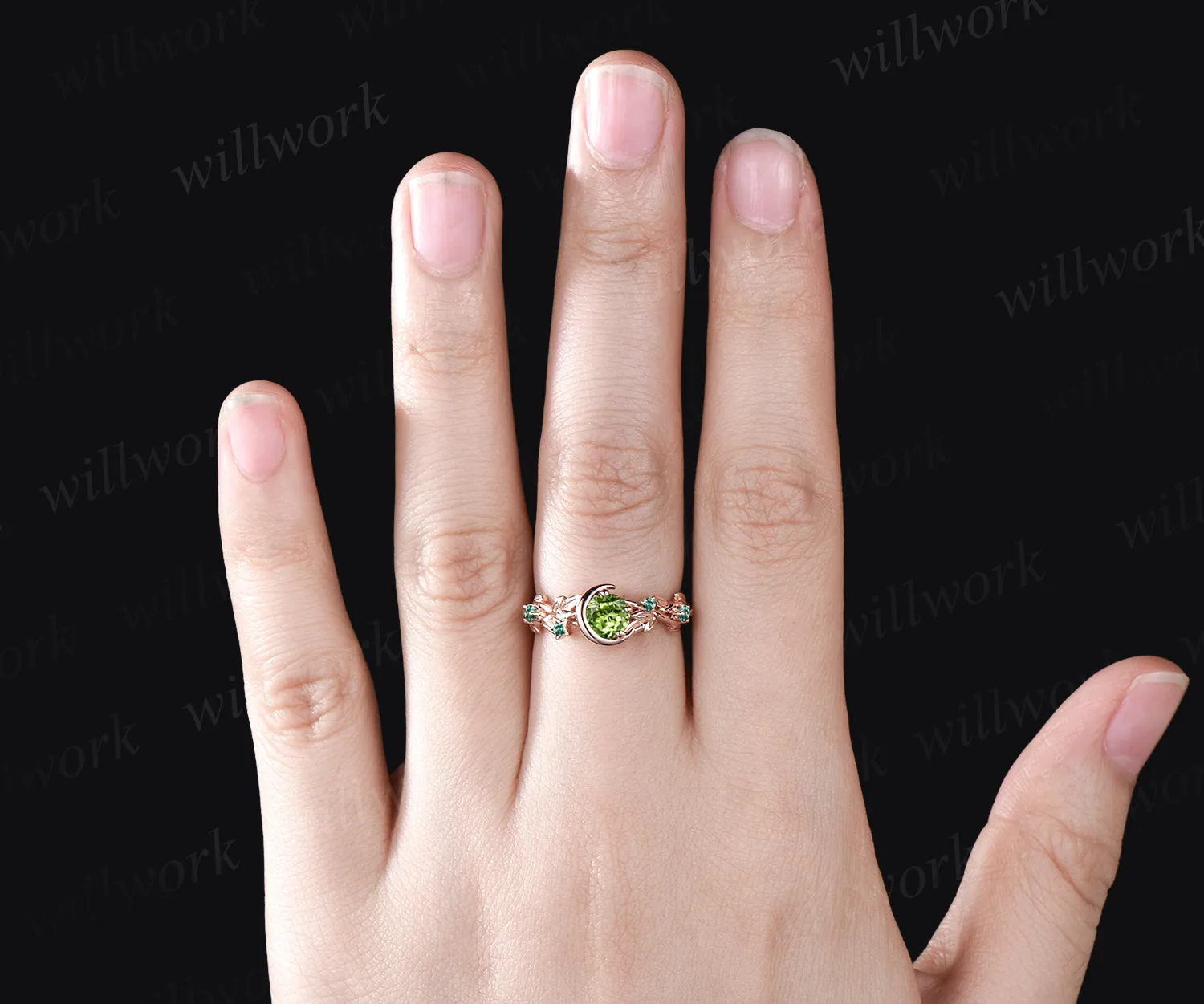 August Birthstone Round Cut Natural Peridot Engagement Ring Unique Emerald Floral Leaf Vine Twig Branch Nature Inspired Wedding Ring Moon Bridal Ring Star Jewelry sold by Willwork Jewelry product image thumbnail 2