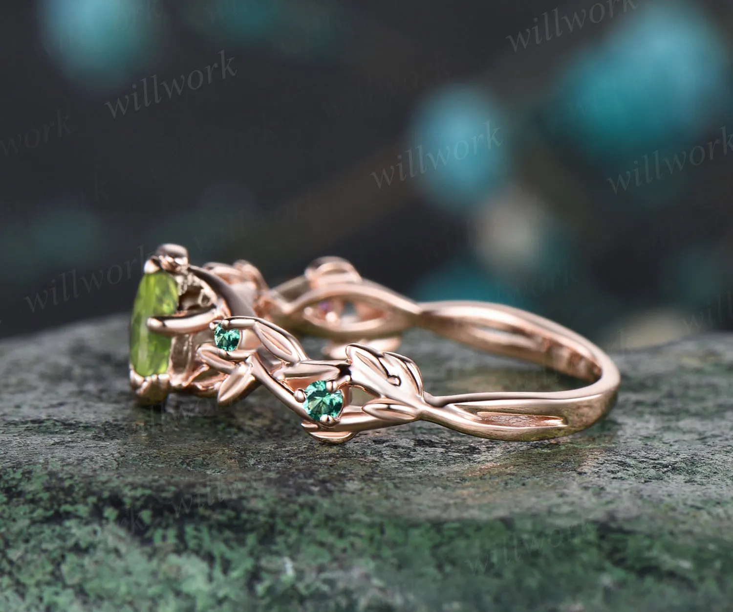 August Birthstone Round Cut Natural Peridot Engagement Ring Unique Emerald Floral Leaf Vine Twig Branch Nature Inspired Wedding Ring Moon Bridal Ring Star Jewelry sold by Willwork Jewelry product image thumbnail 4