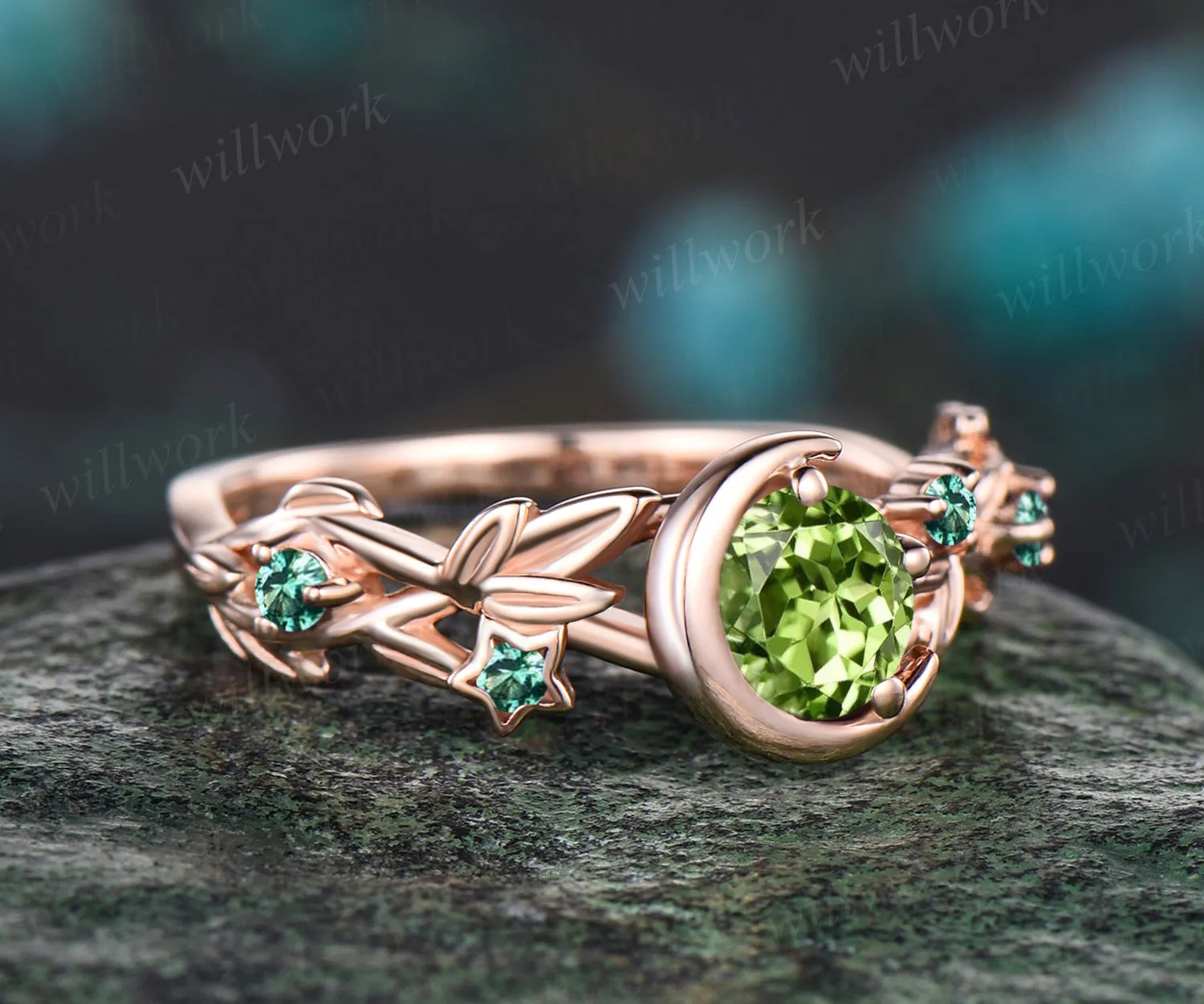 August Birthstone Round Cut Natural Peridot Engagement Ring Unique Emerald Floral Leaf Vine Twig Branch Nature Inspired Wedding Ring Moon Bridal Ring Star Jewelry sold by Willwork Jewelry product image thumbnail 3
