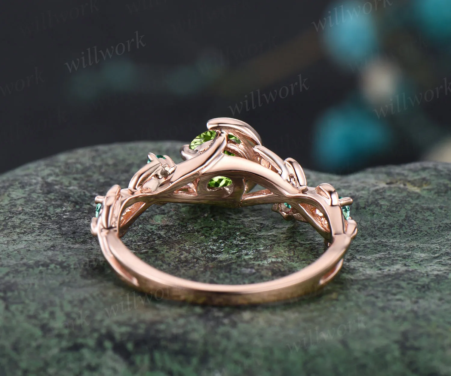 August Birthstone Round Cut Natural Peridot Engagement Ring Unique Emerald Floral Leaf Vine Twig Branch Nature Inspired Wedding Ring Moon Bridal Ring Star Jewelry sold by Willwork Jewelry product image thumbnail 5