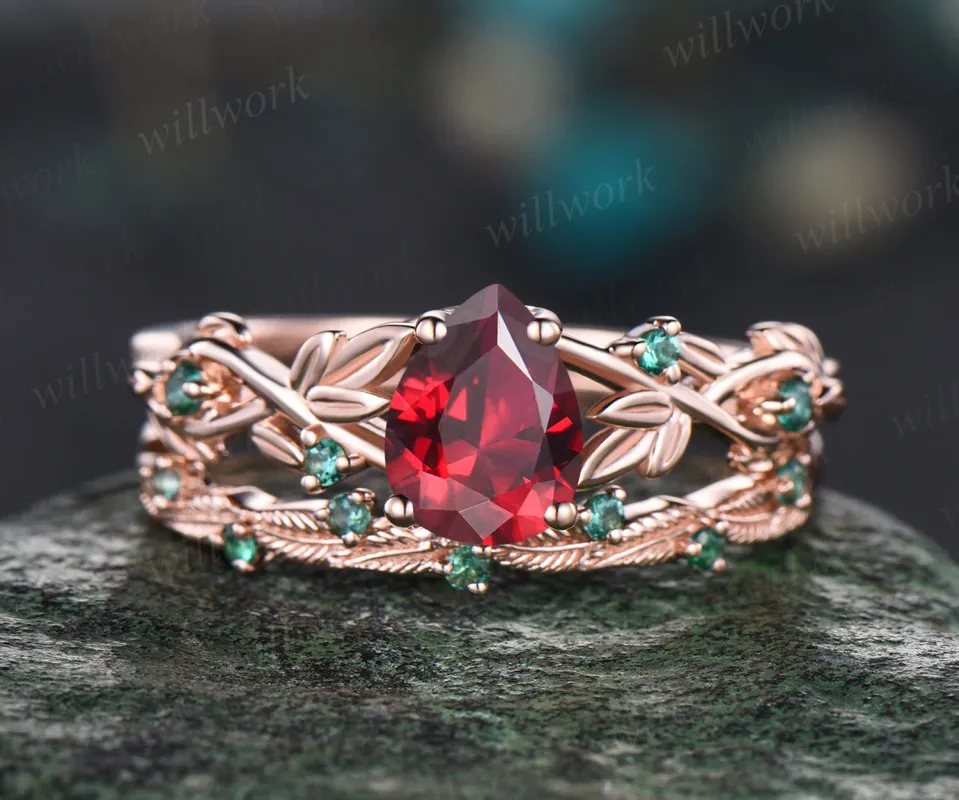 July Birthstone Teardrop Ruby Engagement Ring Set Unique Round Emerald Wedding Ring Leaf Vine Twig Branch Floral Nature Inspired 2pcs Bridal Ring Set sold by Willwork Jewelry